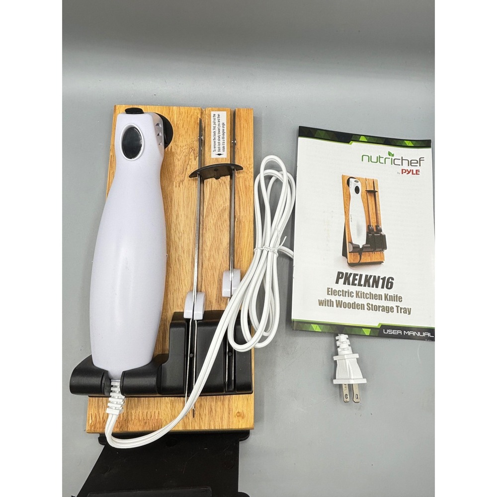 NutriChef PKELKN16 Electric Kitchen Knife with Wooden Storage Tray White